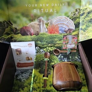 BRAND NEW - RYZE Organic Mushroom Coffee Wood Canister and Spoon Set